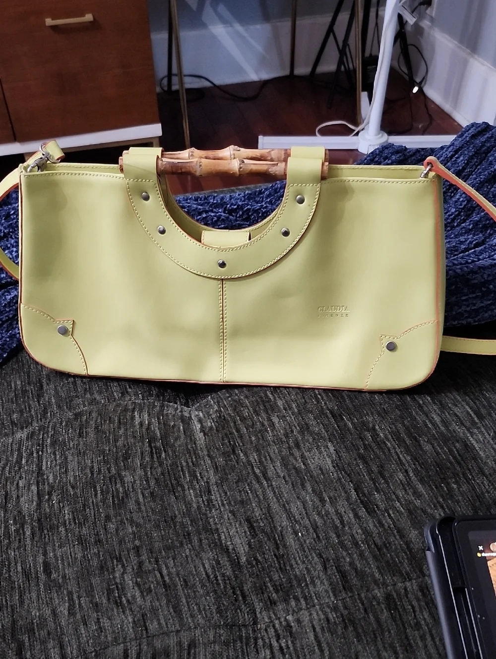 Claudia Firenze Yellow Bamboo-Handle Shoulder Bag Made In Italy Leather Euc